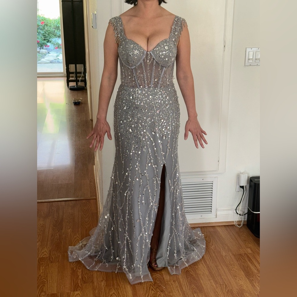 Elegant Silver Sequin Evening Gown
